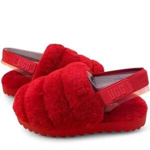 UGG fluff slippers Red Sheepskin Platform Slide Sandals Womens 8 uk 6